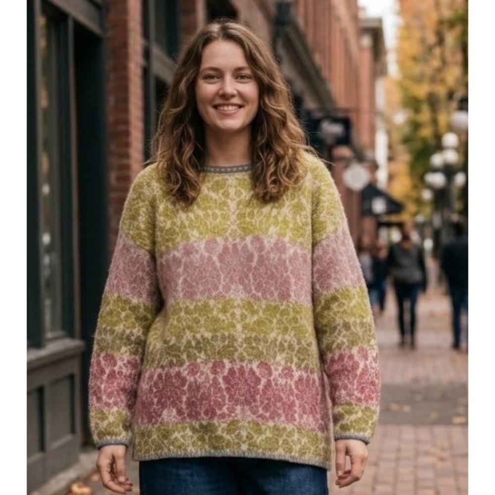 VTG 1990s Oleana Norway New Wool Sweater M Solveig Hisdal Floral Knit Pullover